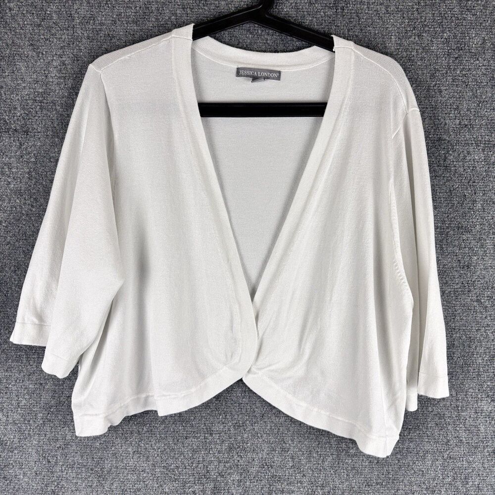 Jessica London Womens 18/20 White Shrug Cardigan Open Front Cropped 3/4 Sleeve